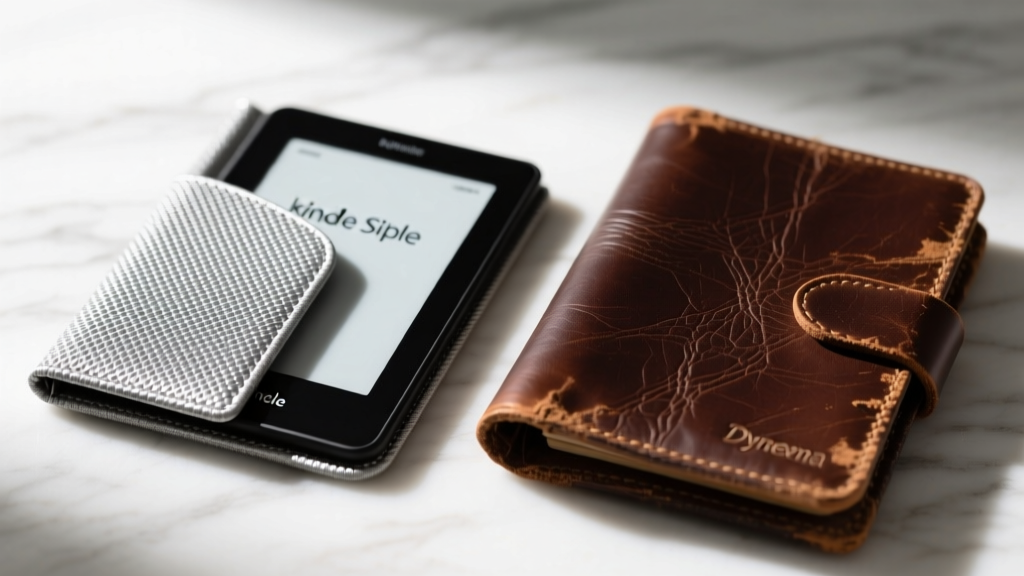 Close-up of a textured silver Dyneema e-reader sleeve protecting a Kindle Scribe next to a bulky leather folio for comparison