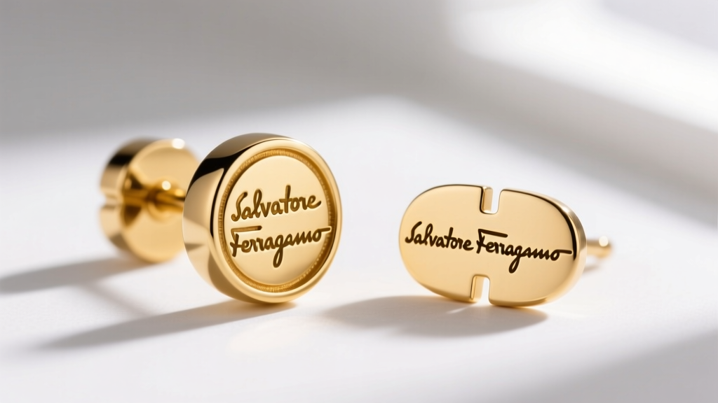 Authentic Ferragamo hallmark beside a shallow fake logo on a gold earring, shown in macro to clearly compare the stamp depth.