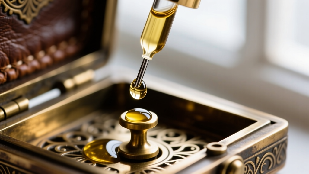 Macro shot of applying a micro-drop of synthetic oil to the brass hinge pin of an open vintage locket using a fine needle oiler.
