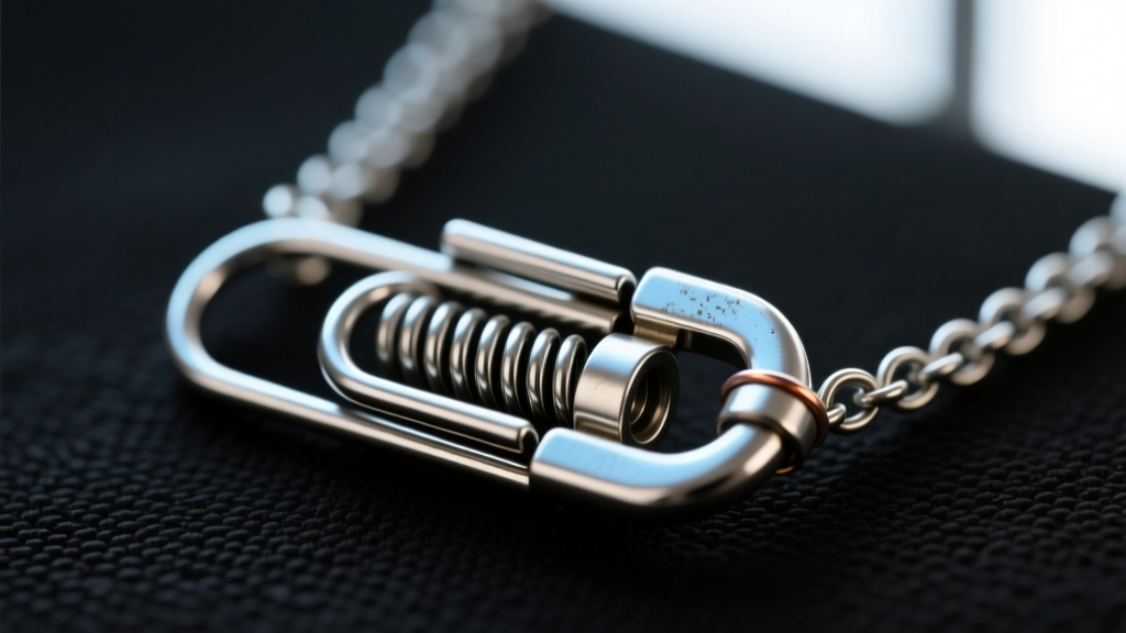 Macro shot of 18mm steel lobster clasp on chunky paperclip necklace, showing the internal spring mechanism and solder ring details
