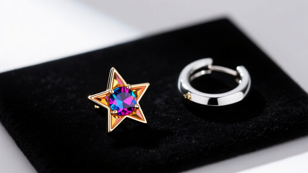 Flat lay of premium anime ear jewelry featuring a four-star Dragon Ball bezel stud and a minimalist Potara hoop on dark velvet.