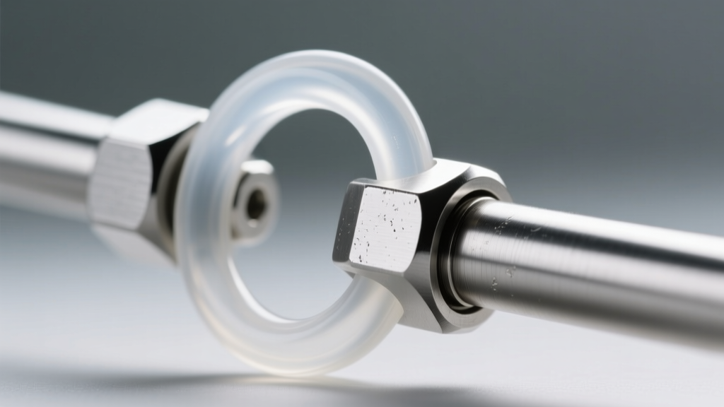 Macro shot of a clear silicone O-ring stretched over a silver magnetic clasp joint to prevent swiveling and accidental slipping.