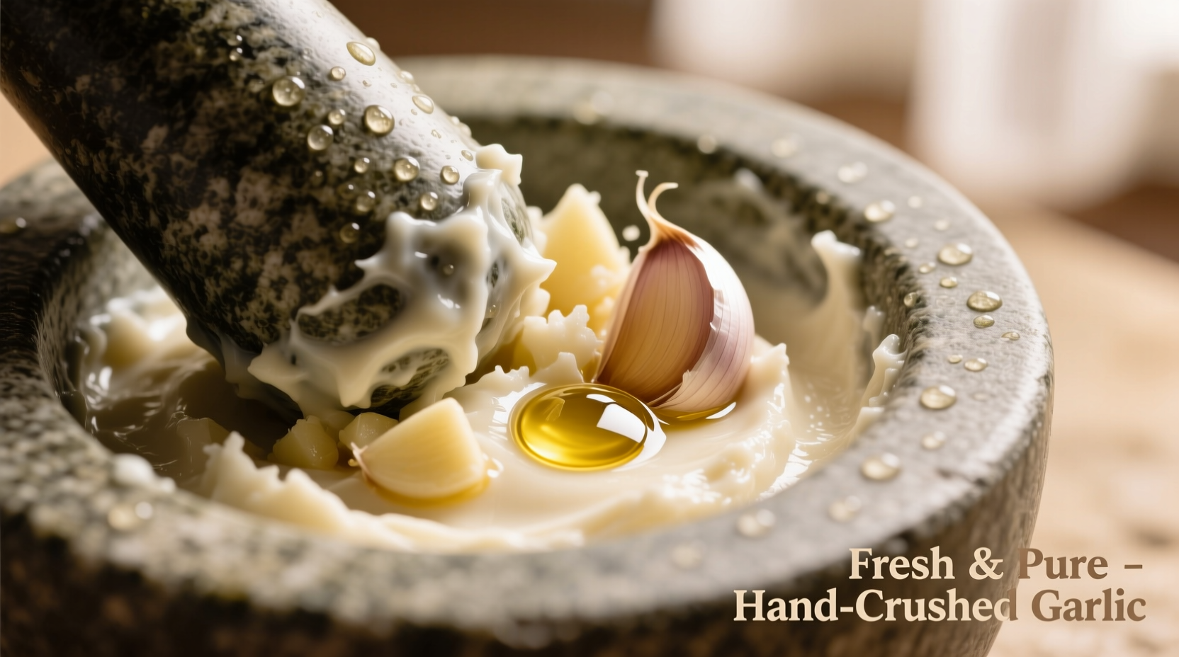 Fresh garlic cloves being crushed into smooth paste