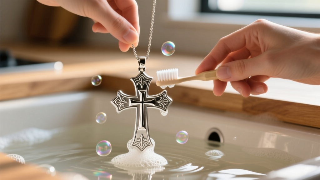Hands gently brushing a silver templar cross pendant with a soft toothbrush in warm soapy water, macro photography style.