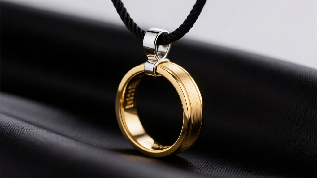 Close-up of a 14k gold wedding band resting inside a brushed sterling silver screw-top ring holder pendant on dark silk.