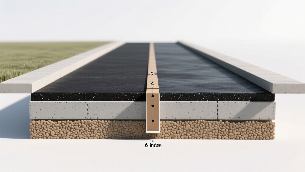 Cross-section diagram of a residential driveway showing compacted aggregate base, concrete slab, and asphalt overlay layers with measurements