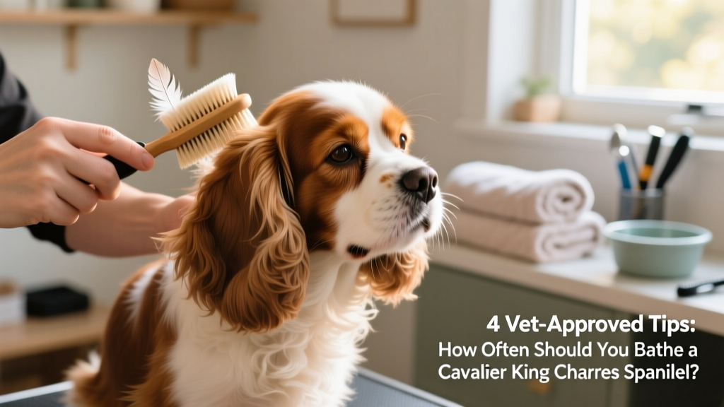 A groomer gently brushing a Cavalier’s ear feathering with a soft-bristle brush