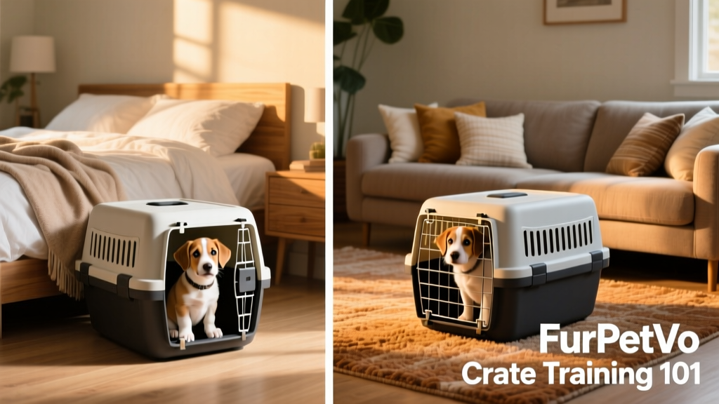 Two identical FurPetVo crates placed in different rooms — one beside a bed, one near a living room couch