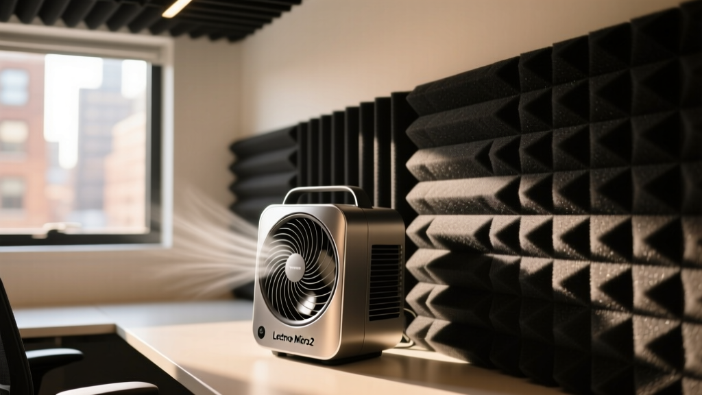 Acoustic foam and a portable LectroFan Micro2 demonstrating directional sound masking in a cramped home office cubicle setup.