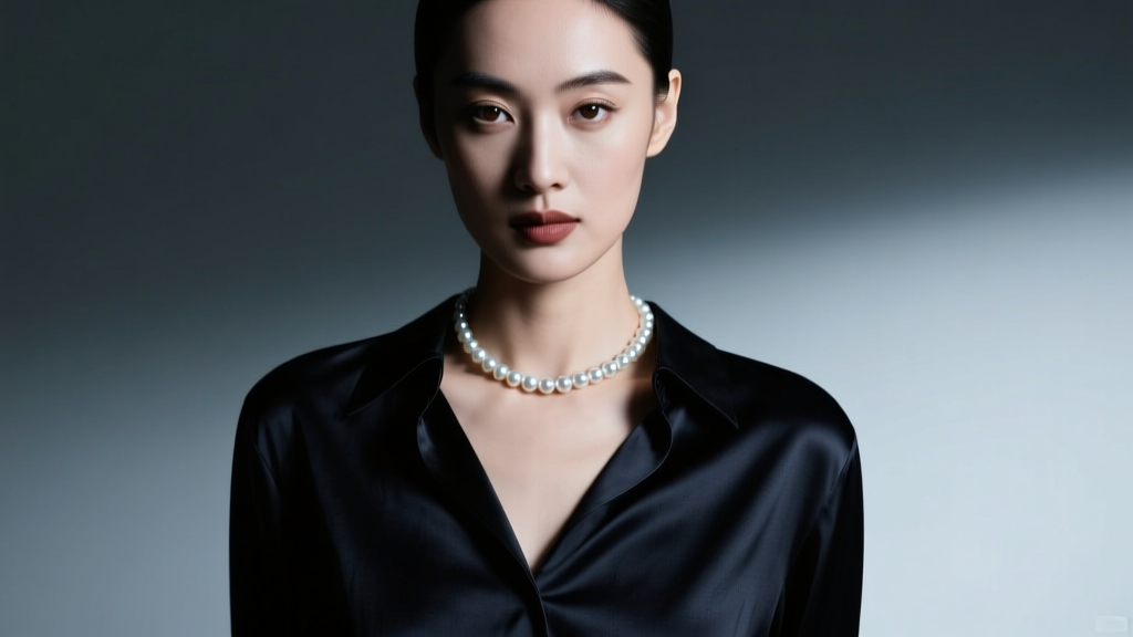 Portrait of a woman wearing a glass pearl choker necklace over a dark silk blouse, illuminated by moody cinematic studio lighting