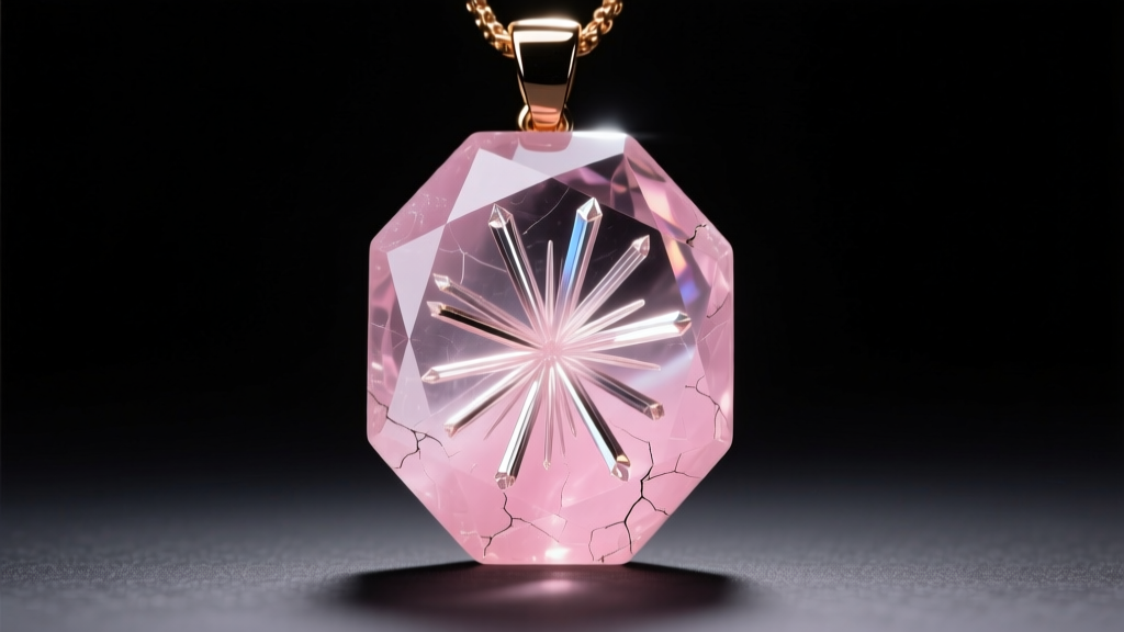Macro photography showing natural rutile needle inclusions inside a genuine rose quartz pendant under a harsh LED gemology light.