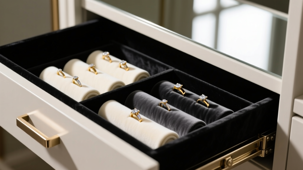 Inside a jewelry armoire drawer showing black anti-tarnish cloth lining, velvet ring rolls, and brushed nickel soft-close slides.