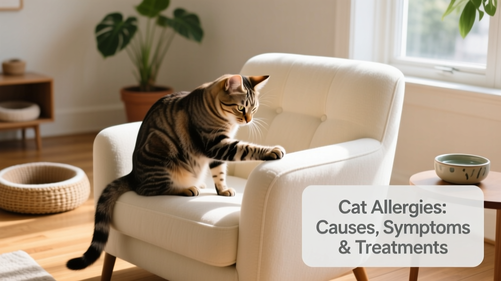 Cat grooming itself on upholstered furniture