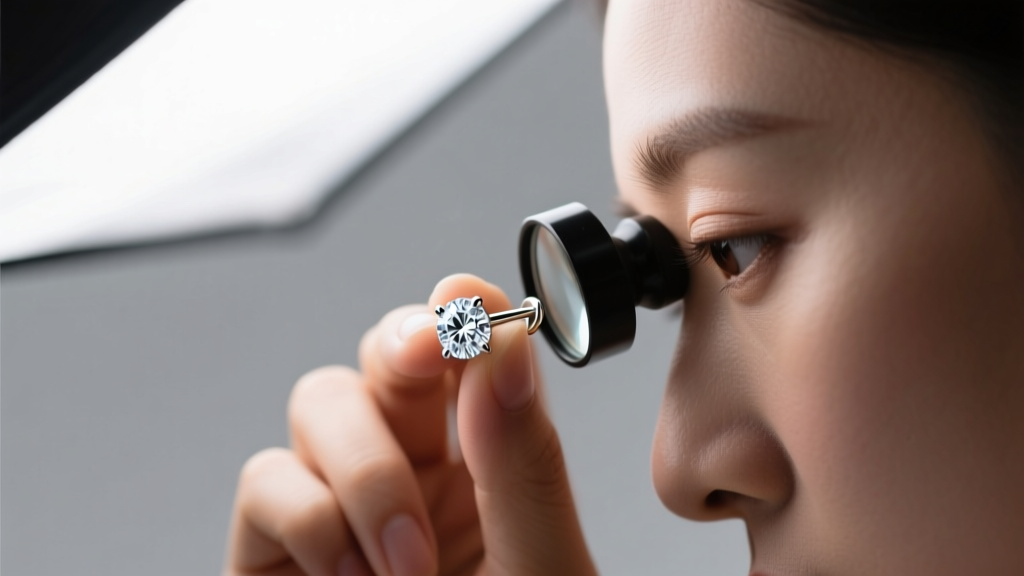 Jeweler inspecting prong tips on an 18k white gold half-carat diamond stud earring using a loupe under bright studio lighting