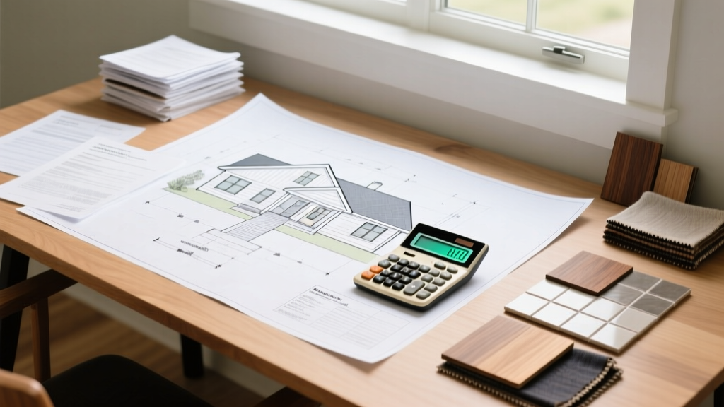 Blueprints for a sprawling single-story ranch home on a wooden desk next to a financial calculator, loan documents, and material samples