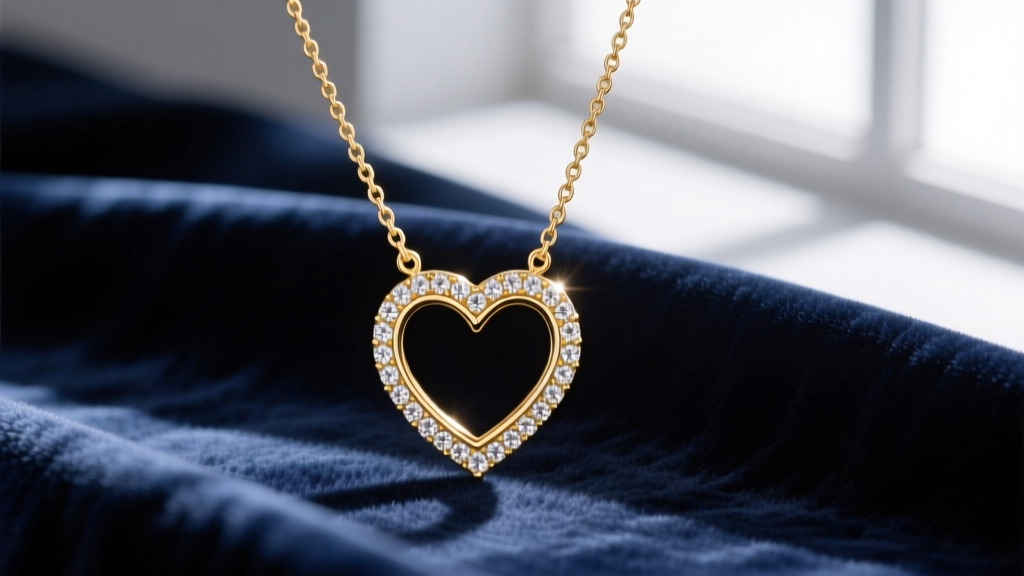 Close-up studio shot of a 14k gold Roxanne heart necklace with a micro-pave diamond halo resting on soft dark navy velvet fabric