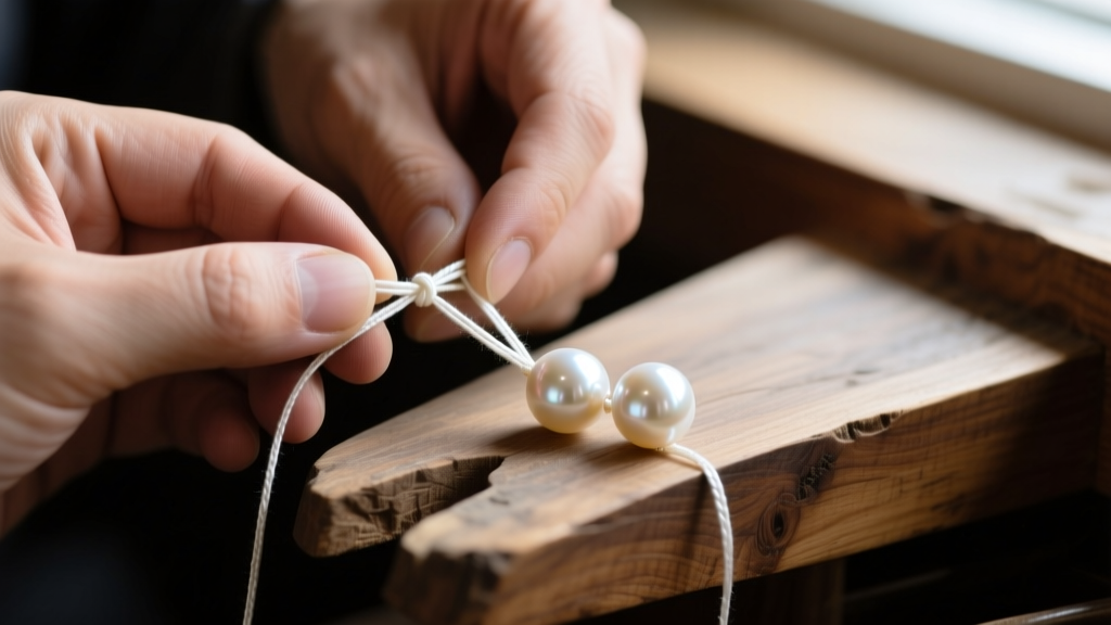 Close up of jeweler hands knotting white silk thread between matched 8mm cream Tahitian pearls on a wooden workbench.