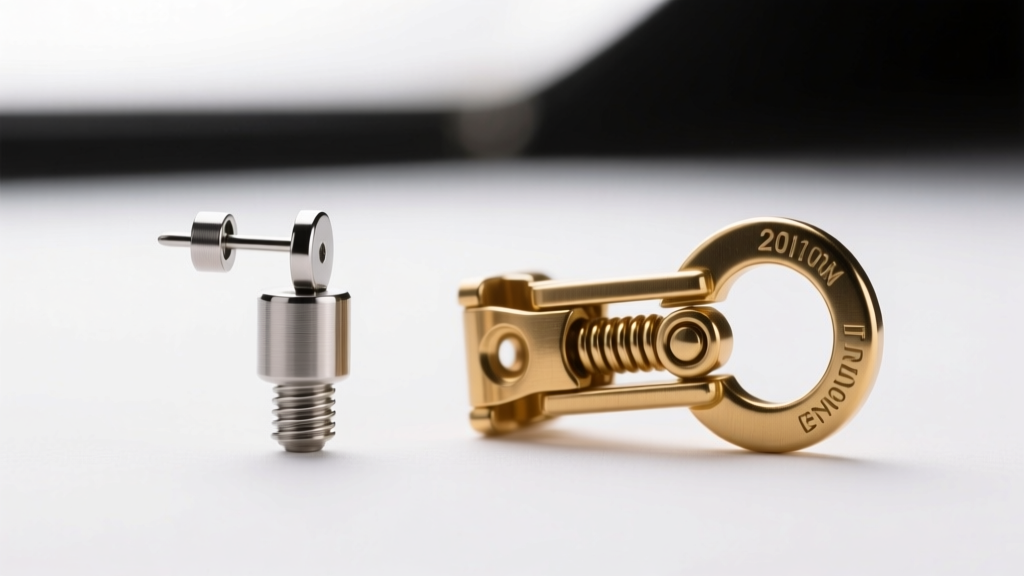 Technical photo comparing an original 20-gauge surgical steel earring post with a thick brass omega clip-on back mechanism
