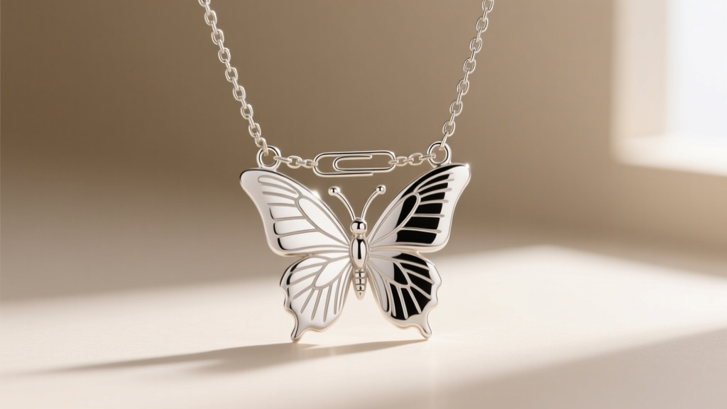 3mm paperclip chain threaded through the wide bail of a large silver butterfly pendant, shot against a soft neutral beige backdrop.