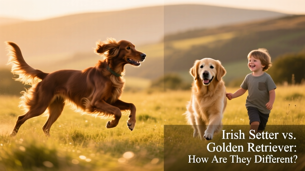 An Irish Setter mid-run through a sunlit meadow and a Golden Retriever gently holding a child's hand during a walk, illustrating their distinct energy styles