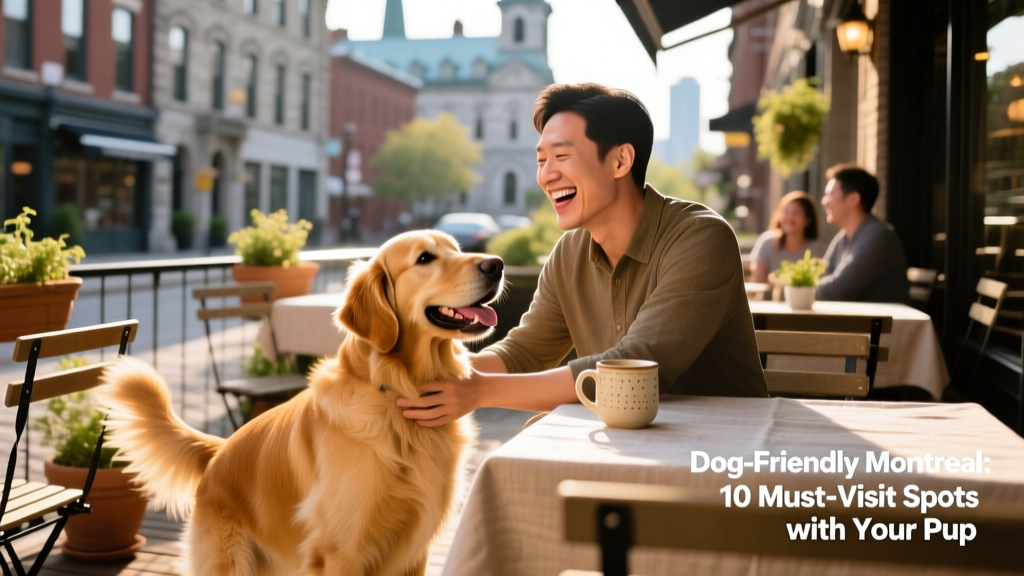 A pet parent and dog at a dog-friendly restaurant terrace in Montreal.
