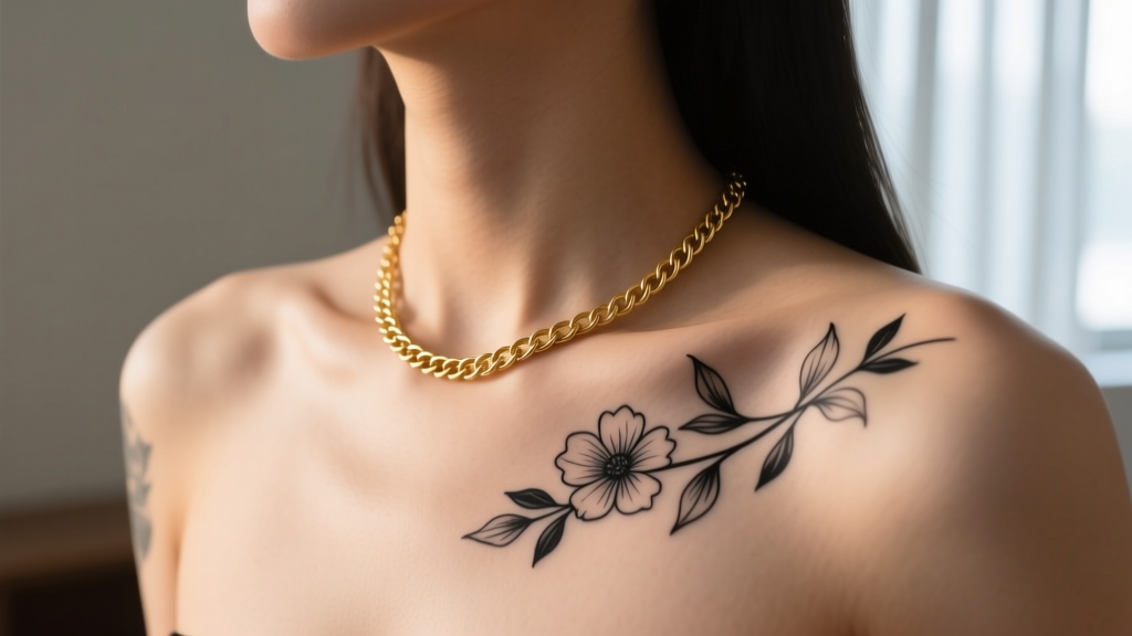 Elegant collarbone fine-line floral necklace tattoo paired with a delicate 14k gold cable chain in soft natural window light