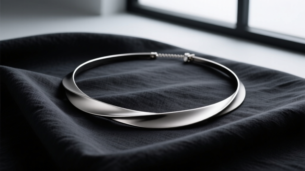 A 20-inch lightweight Grade 23 titanium matinee necklace with a matte finish, draped loosely over dark charcoal linen fabric.