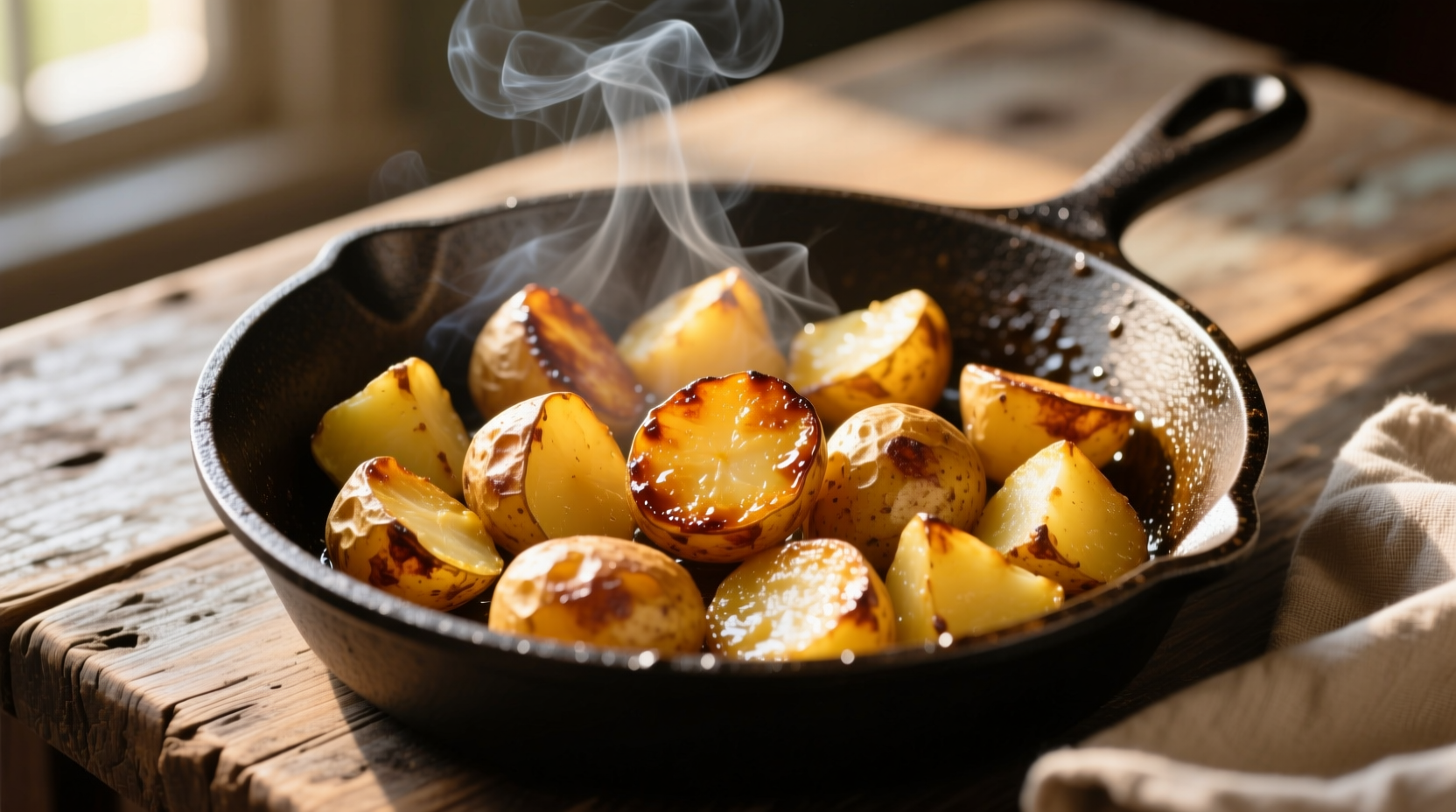 Crispy golden breakfast potatoes in cast iron skillet