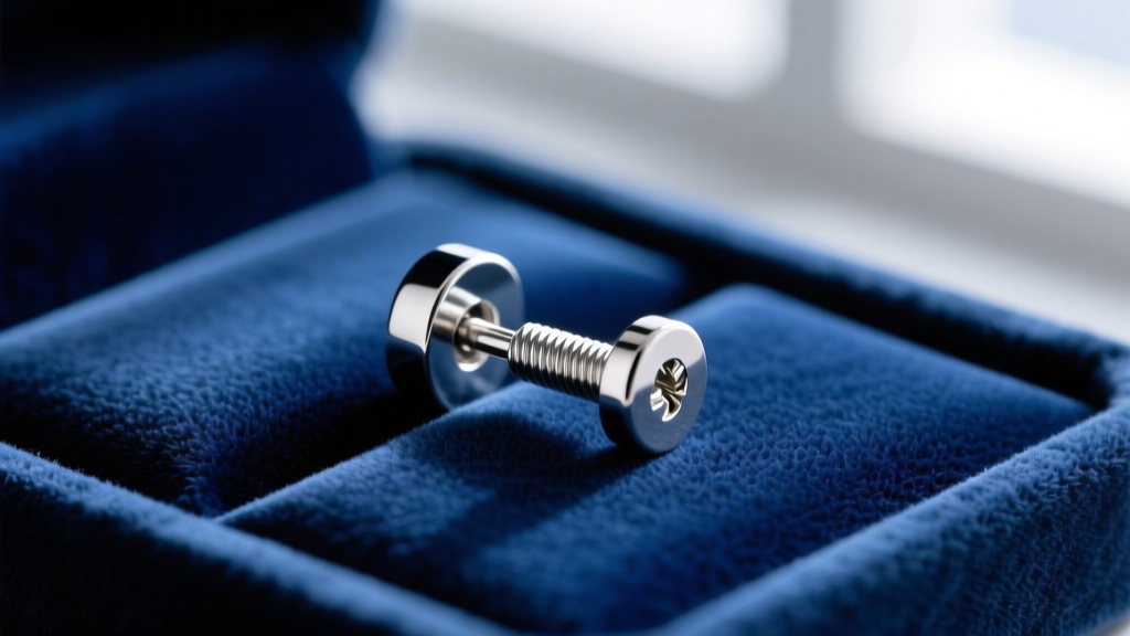 Macro shot of a 20-gauge earring post with a threaded screw-back mechanism, resting on a blue velvet jewelry display tray