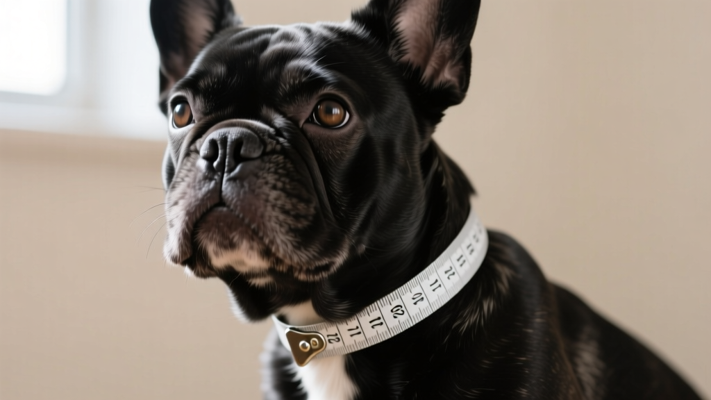 Measuring tape around a French Bulldog neck, showing the two-finger gap rule for a safe and comfortable canine jewelry fit.