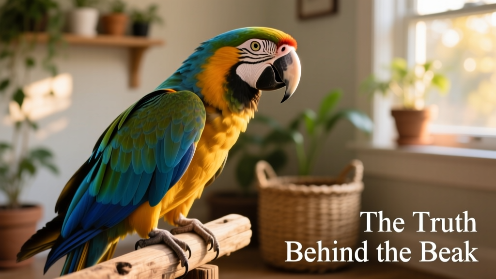 Side profile of a macaw showing the natural curvature and sharp tip of a healthy parrot beak