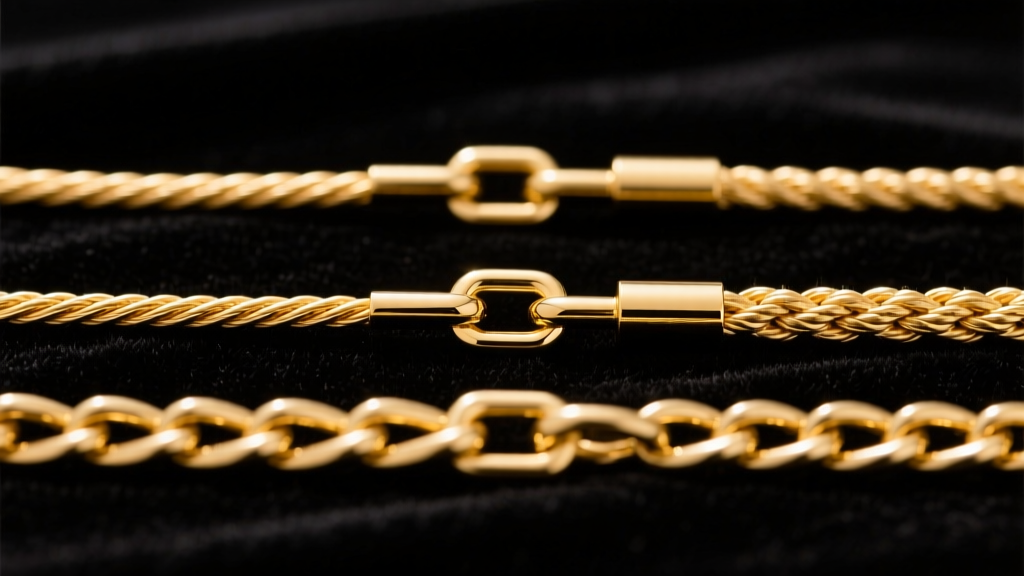 Macro close-up of three different gold chain gauges, ranging from 0.9mm cable to 2.0mm rope, laid flat on dark velvet background