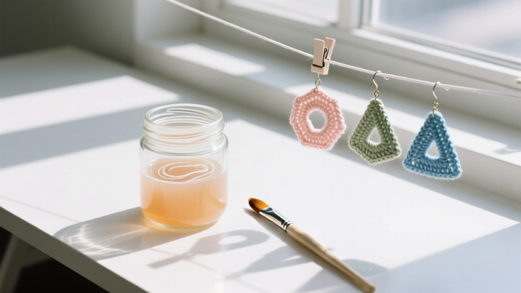 Overhead view of a workbench showing a glass jar of diluted PVA stiffener, a fine-tip brush, and geometric crochet earrings drying