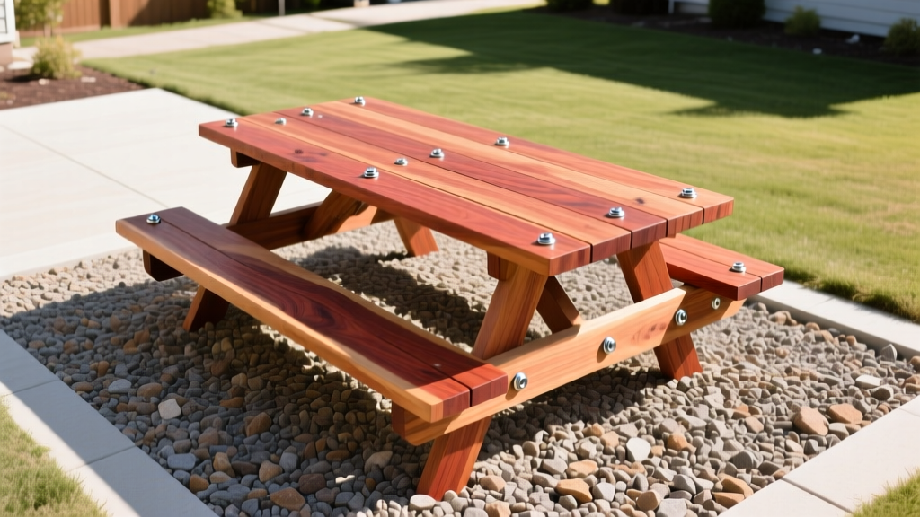 Overhead view of a Western Red Cedar picnic table with stainless steel carriage bolts on a crushed gravel pad in a sunny backyard