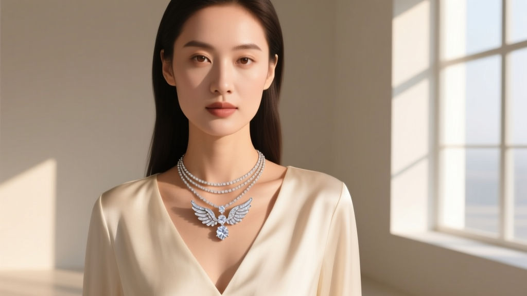 Woman wearing a layered necklace set with a diamond angel wings pendant over a cream V-neck top, captured in bright, soft natural light.
