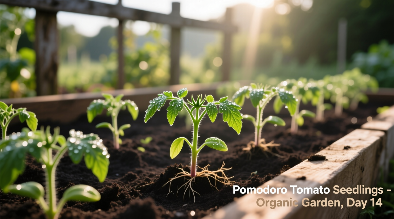 Pomodoro tomato seedlings in garden bed
