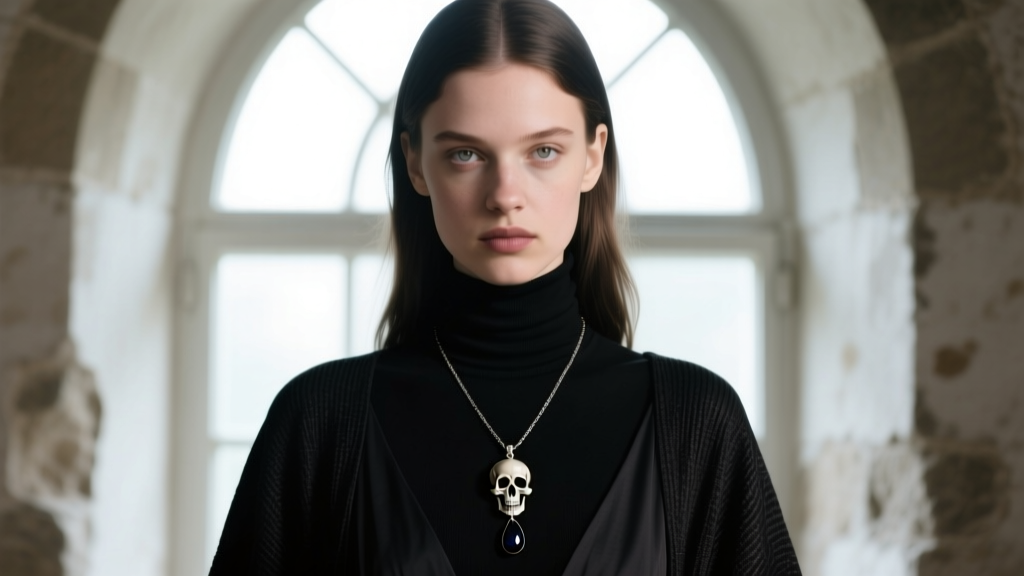 Model wearing a witchcore stack with a skull pendant and onyx drop over a dark turtleneck, captured in soft natural window light.