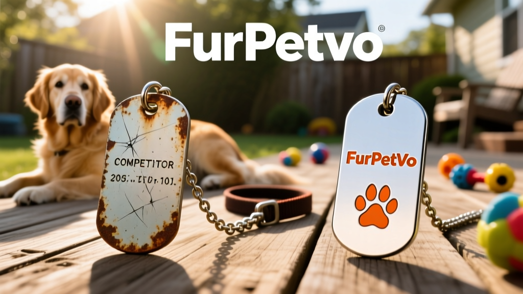 Side-by-side comparison of a worn, faded competitor tag versus a crisp, legible FurPetVo tag after two years of use