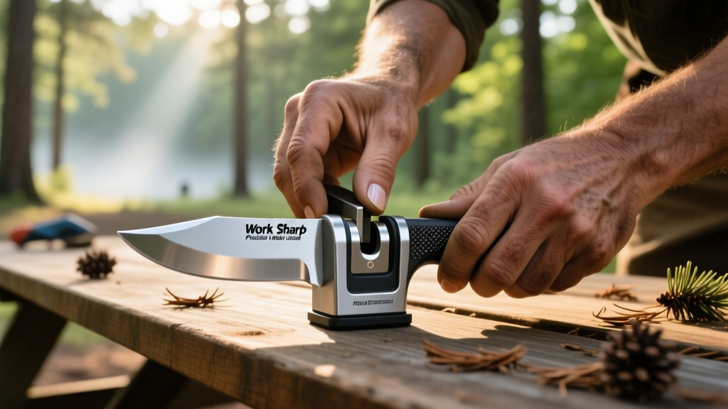 Hands using a Work Sharp Precision Adjust portable sharpener on a stainless steel camping blade at a wooded campsite picnic table
