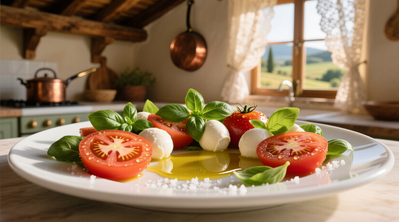 Fresh Caprese salad with tomatoes, mozzarella and basil arranged on white plate