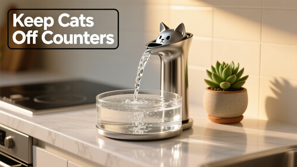 Close-up of a sleek, modern cat water fountain with clear flowing water, placed on a clean kitchen counter next to a small plant