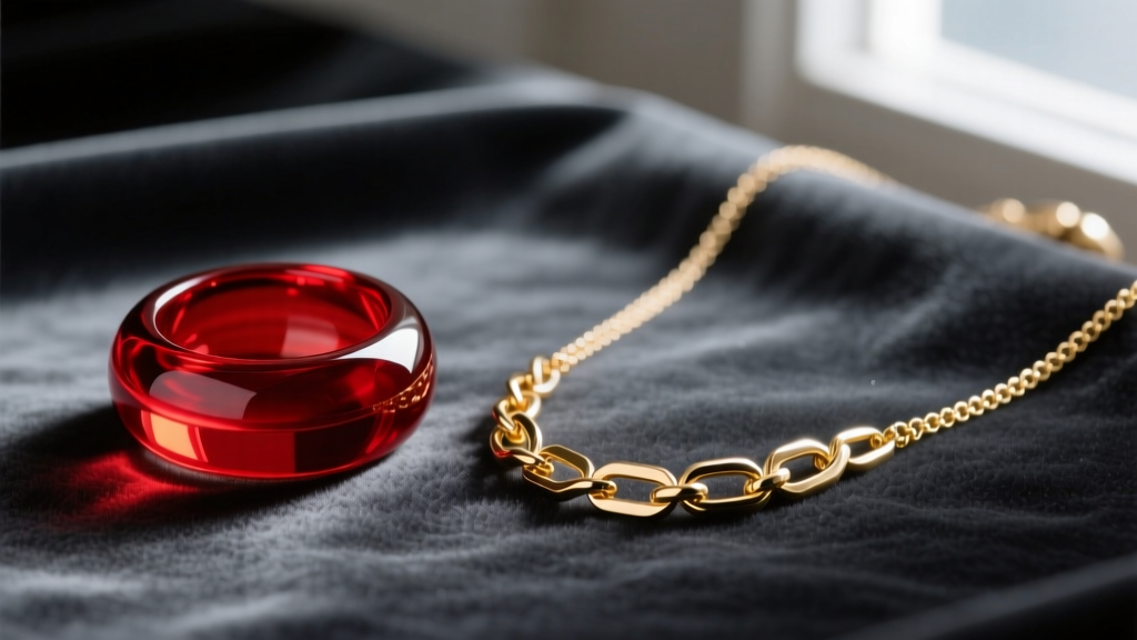 Editorial flat lay of oversized red Czech glass cocktail rings and gold-plated brass link necklaces on a dark velvet background.