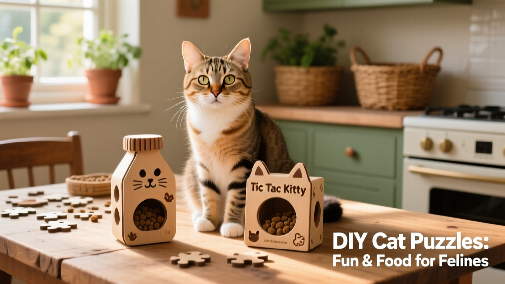Happy cat sitting beside completed Paw Bottle and Tic Tac Kitty puzzles, looking alert and satisfied