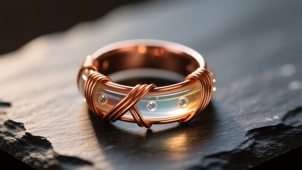 Macro shot of DIY ring jewelry featuring wire-wrapped copper and resin bands on dark slate under soft, warm studio lighting.