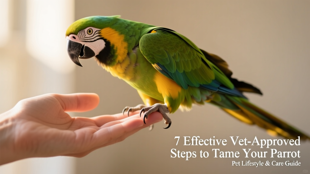 A hand gently extended toward a parrot’s lower chest as it prepares to step onto the finger, with soft lighting and neutral background