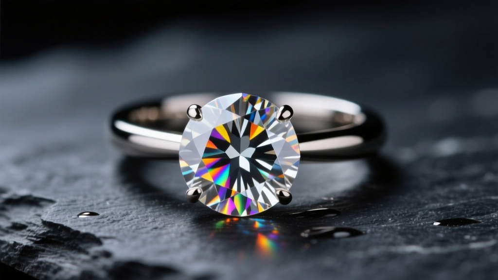 Macro shot of a round brilliant moissanite ring on dark slate, half cloudy from skin oils, half sparkling under studio light