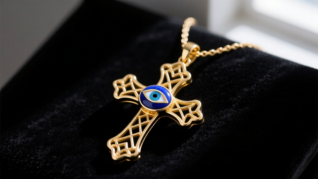 Close-up of a 14k gold vermeil evil eye cross necklace on dark velvet, highlighting a central blue lapis lazuli cabochon eye inlay.