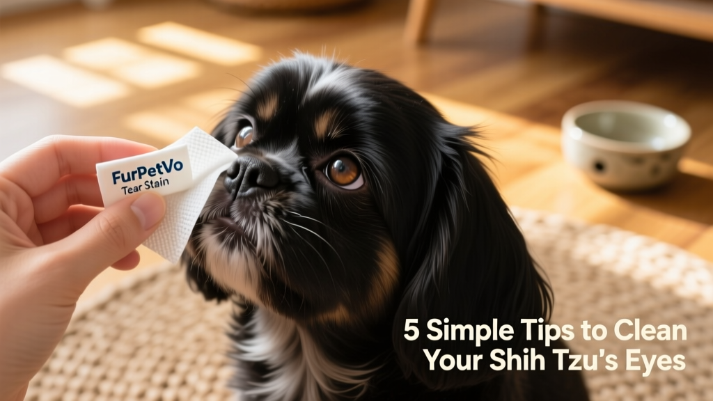 Hand holding a FurPetVo Tear Stain Wipe gently cleaning the corner of a Shih Tzu's eye