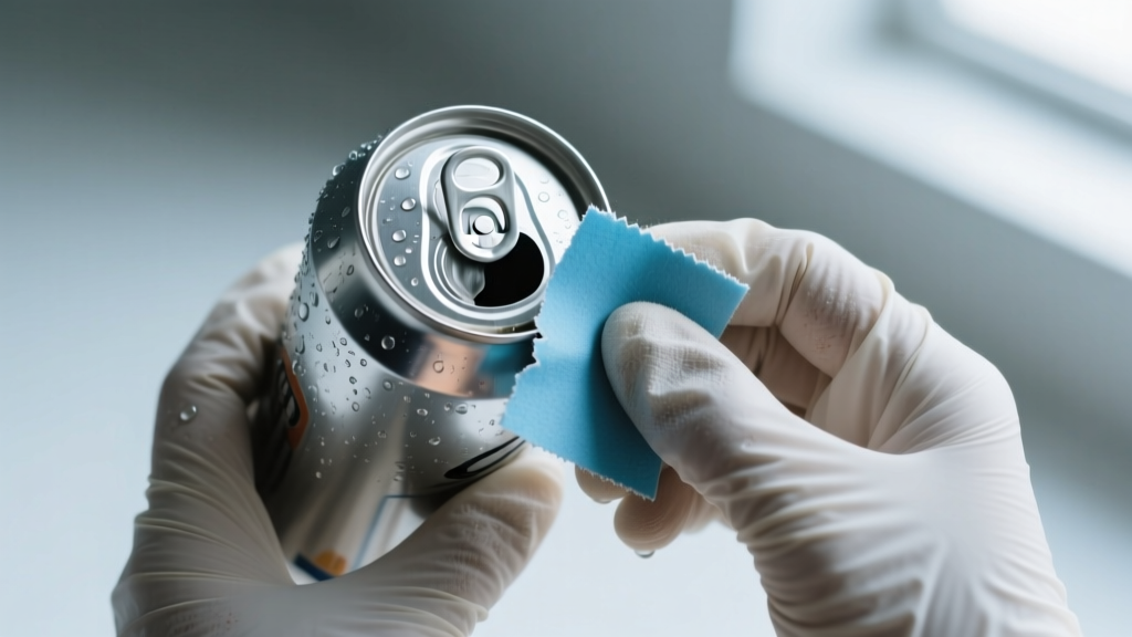 Hands in nitrile gloves using 1500-grit wet sandpaper on the edge of a cut aluminum soda can piece, showing water droplets.