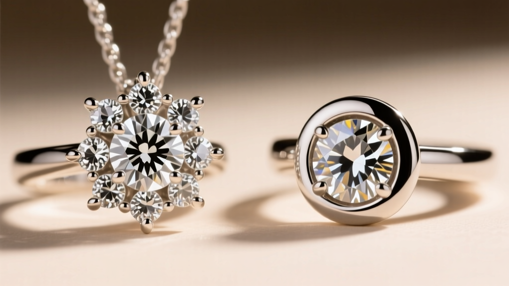 Extreme close-up comparing a shared prong setting and a bezel setting on a 1.00 carat total weight diamond cluster pendant